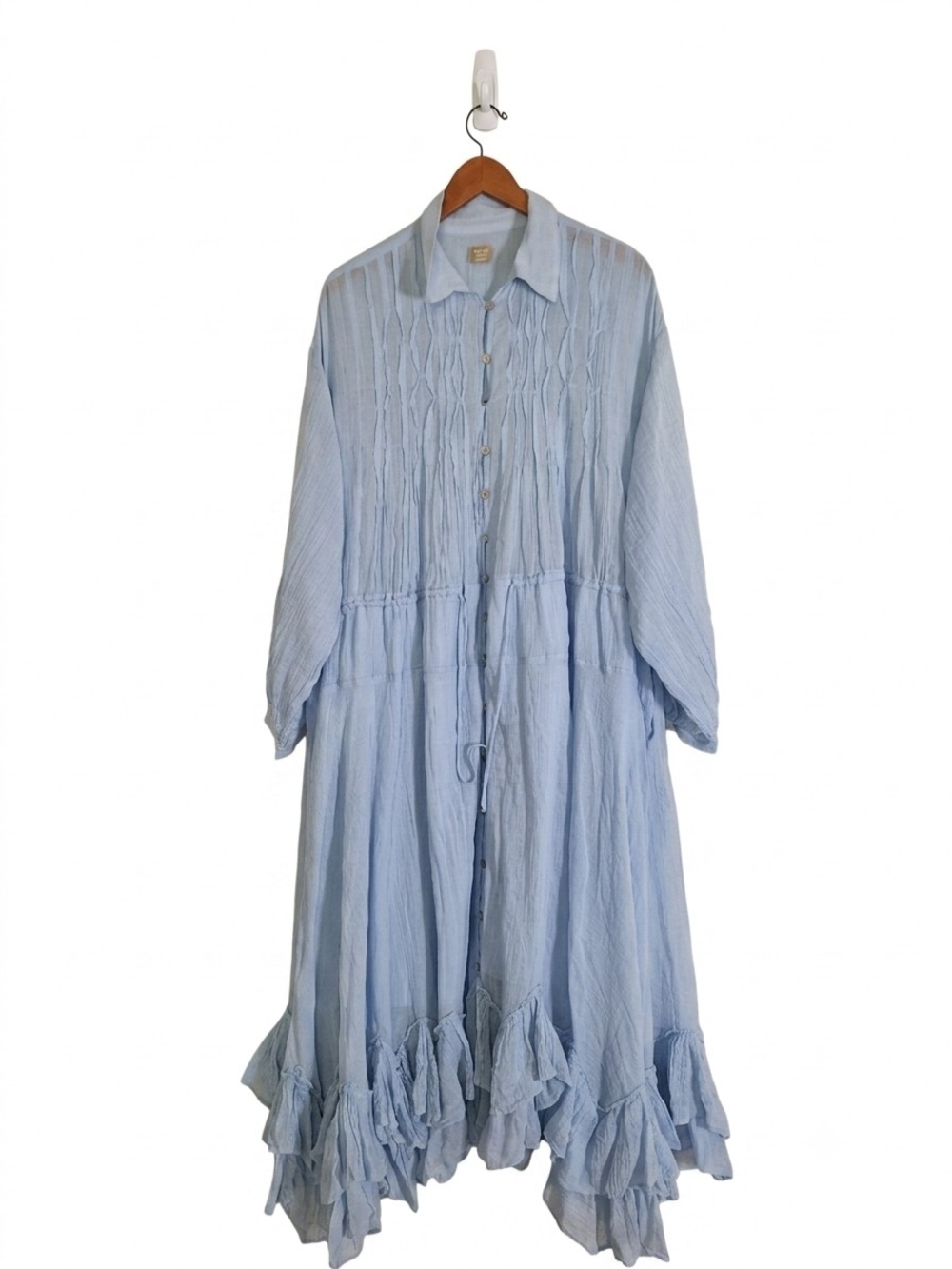 NWT Free People Gauze Pintuck Ruffle Blue Midi Shirt Dress Size M